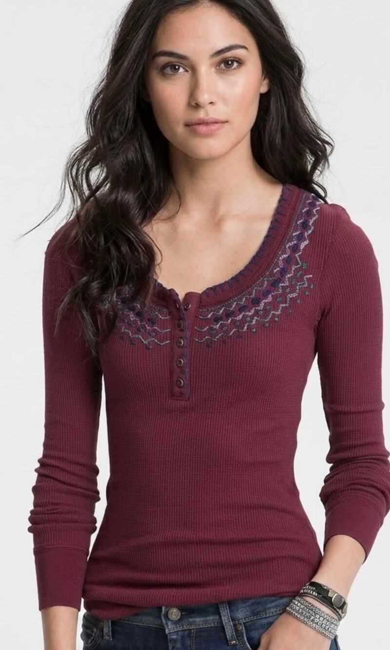 Free People Fair Isle Embroidered Burgundy Waffle Knit Henley Thermal Top
